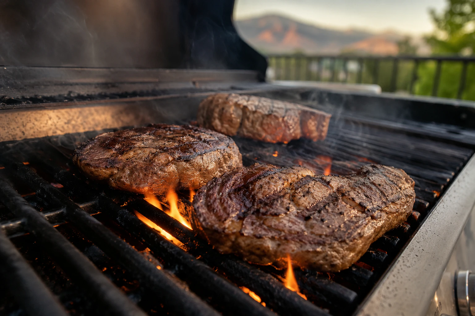 Close-up of a Wolf outdoor grill burner and flame tamers