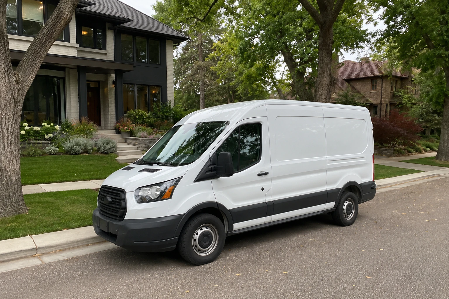 a Denver Wolf Repair service van parked in an Aurora neighborhood