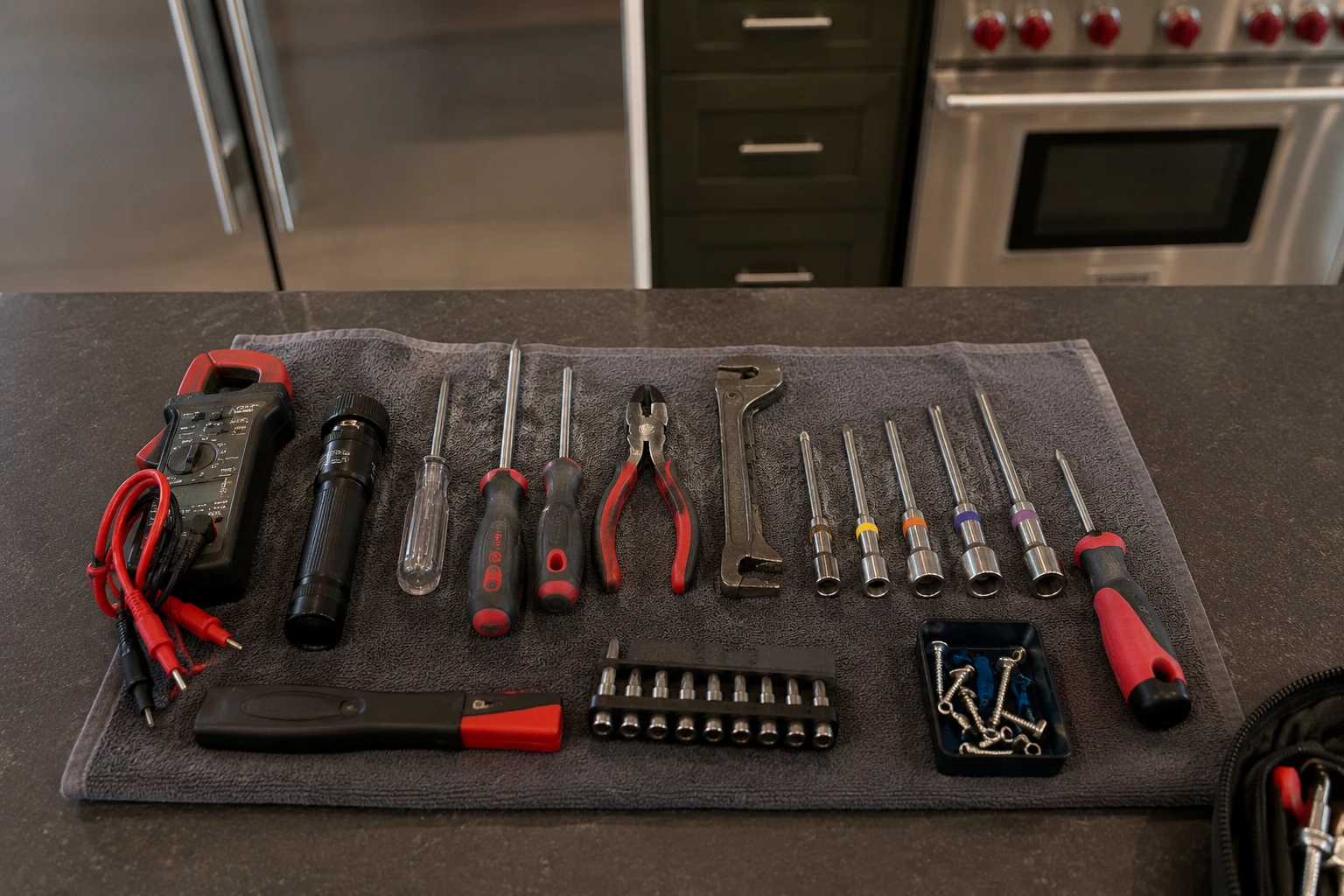 professional appliance-repair tools laid out for a ventilation service call